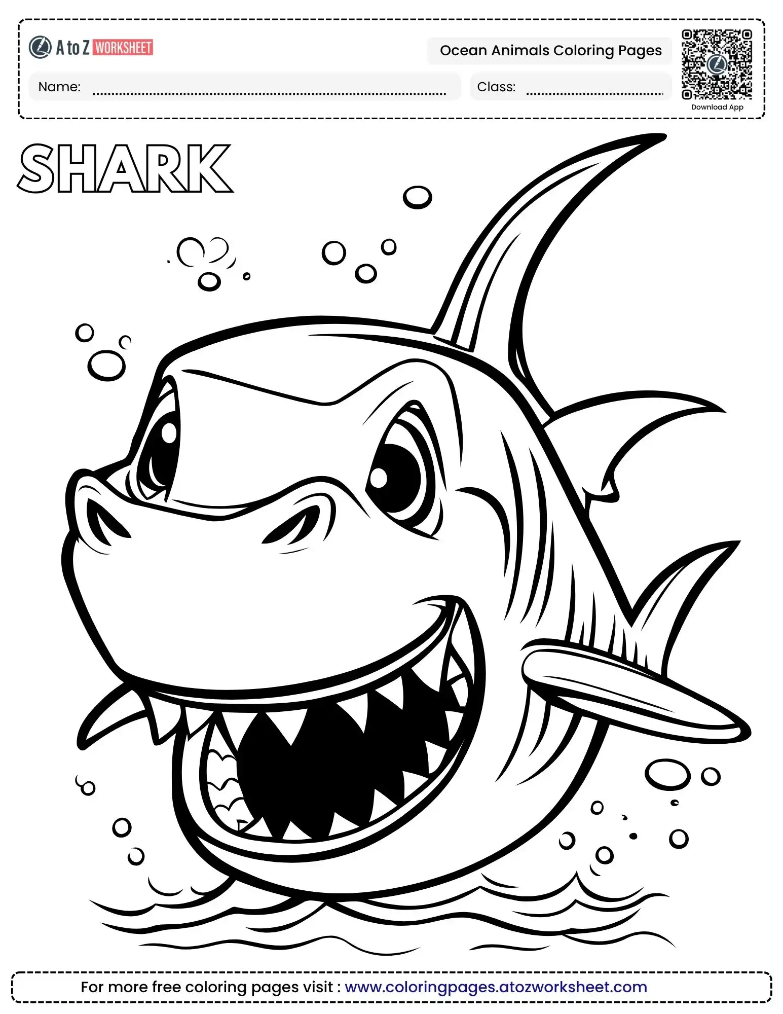 ocean animals coloring pages featuring a big smiling shark with sharp teeth