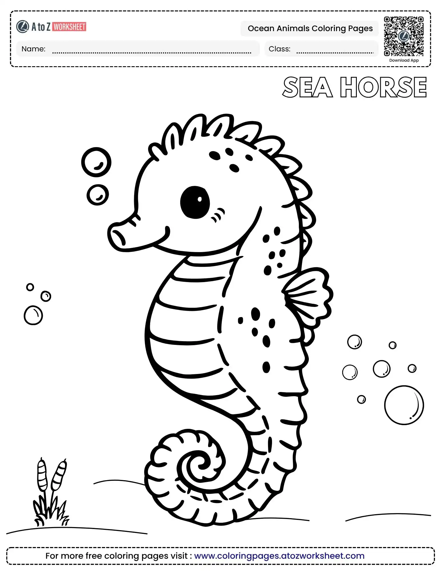 ocean animals coloring pages showing a cute baby seahorse with bubbles