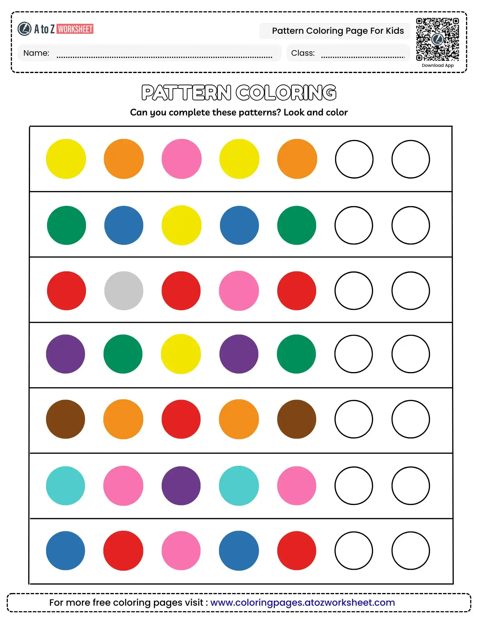 pattern coloring page for kids with color sequence rows