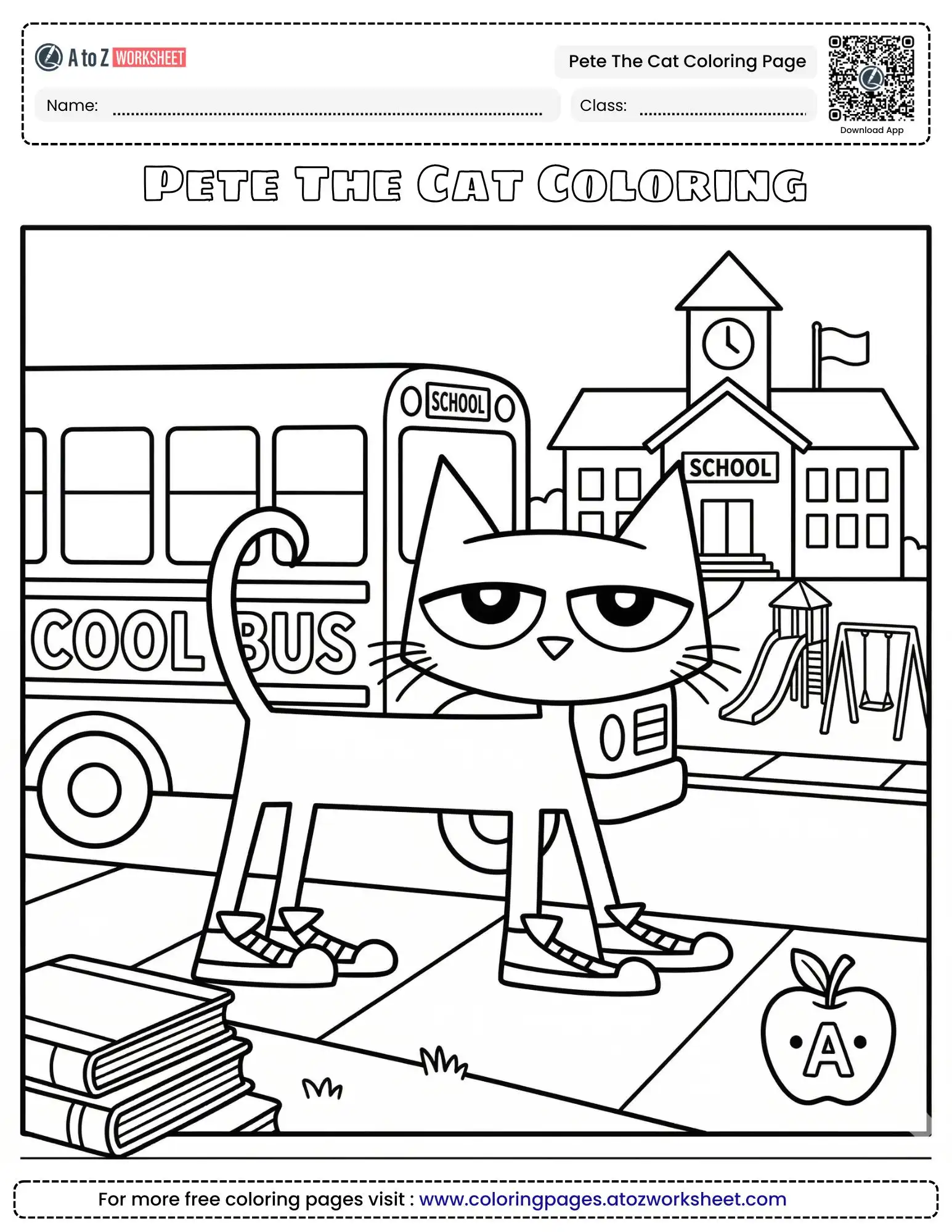 pete the cat coloring page featuring the cat in sneakers standing by a school bus.