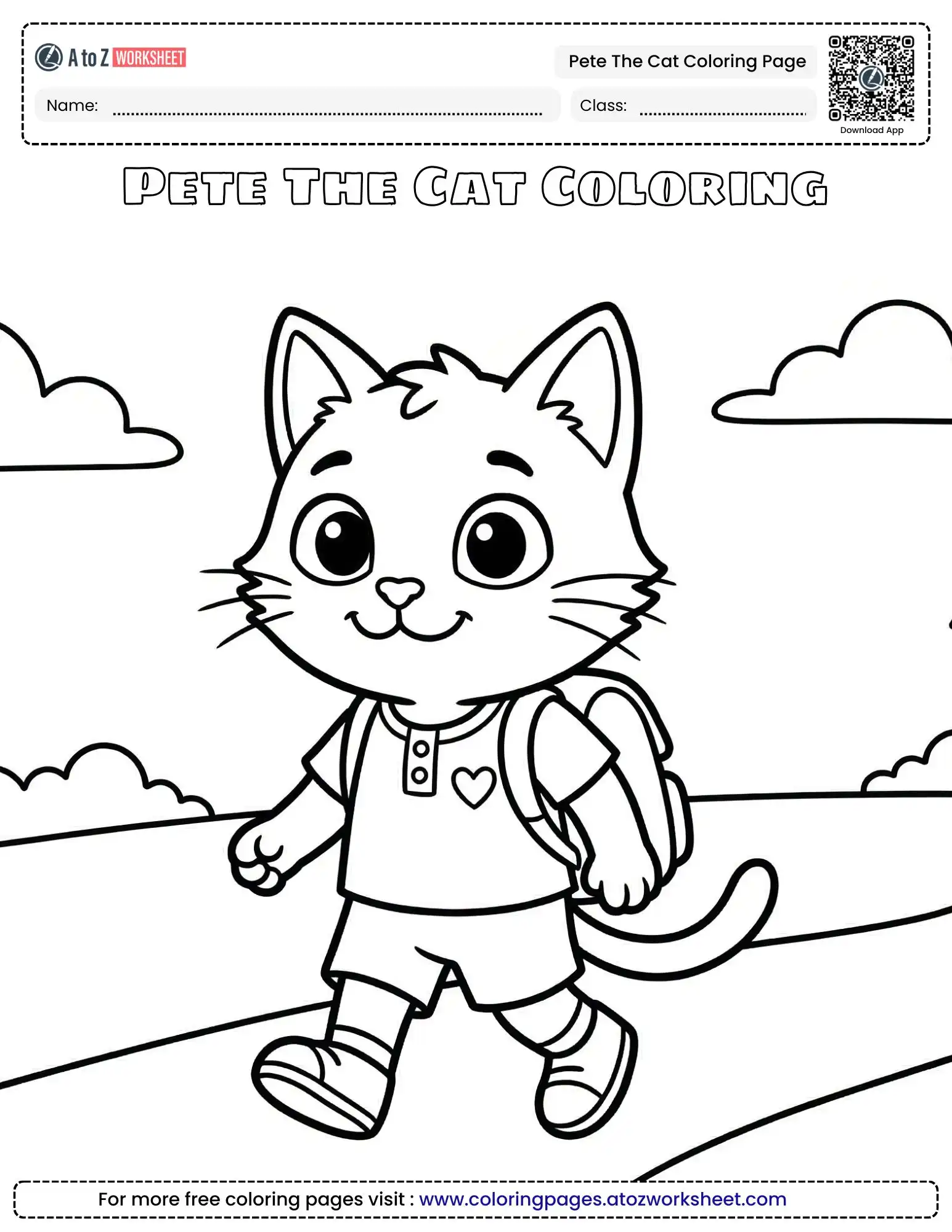 pete the cat coloring page showing a cute kitten with a backpack walking on a path.