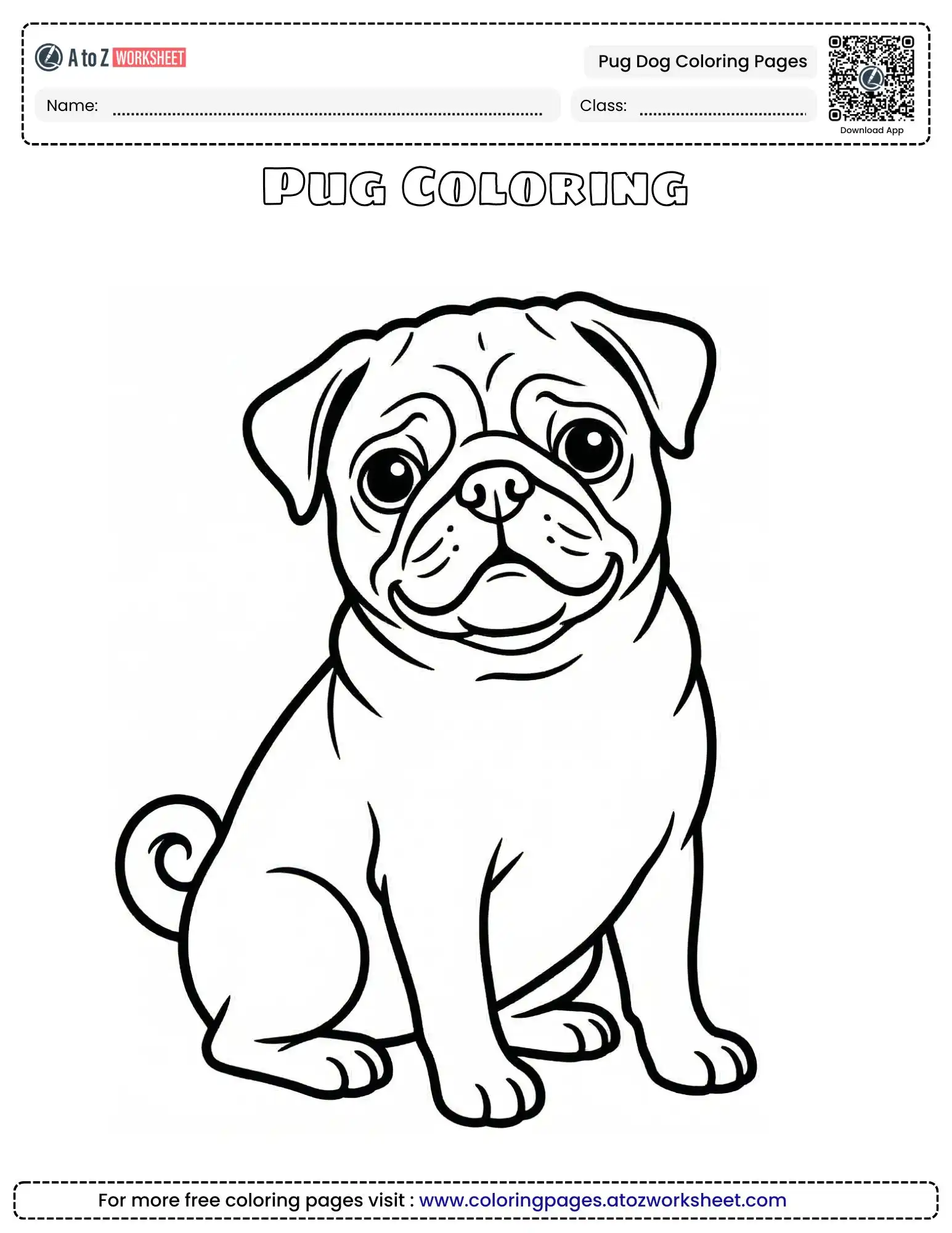 pug dog coloring pages featuring a cute sitting pug with big eyes and a curly tail.