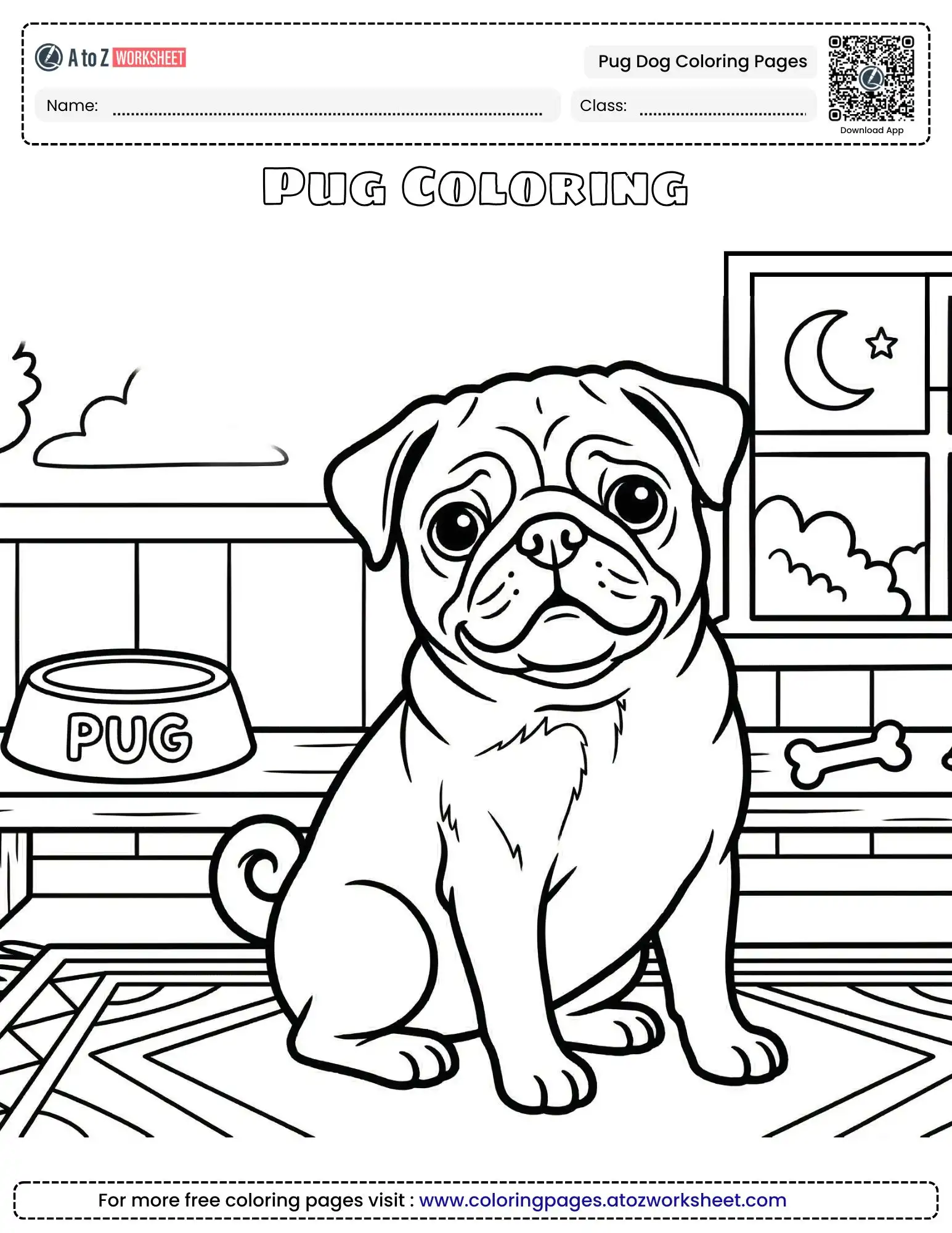 pug dog coloring pages showing a pug in a room with a food bowl, bone, and moon window.