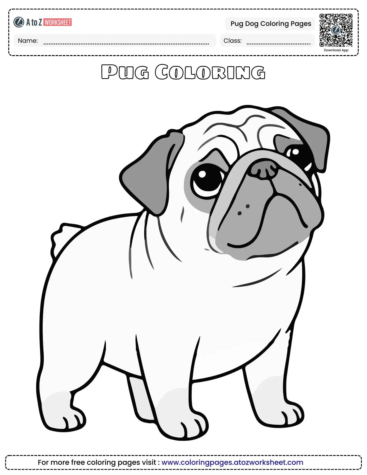 pug dog coloring pages featuring a standing pug with dark facial markings.