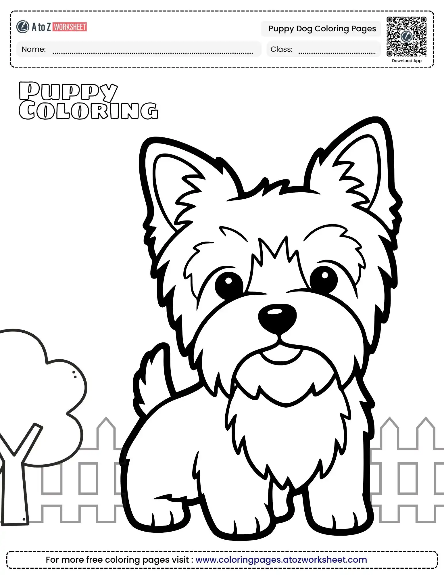 puppy dog coloring pages featuring a cute scruffy terrier puppy standing by a fence and tree.