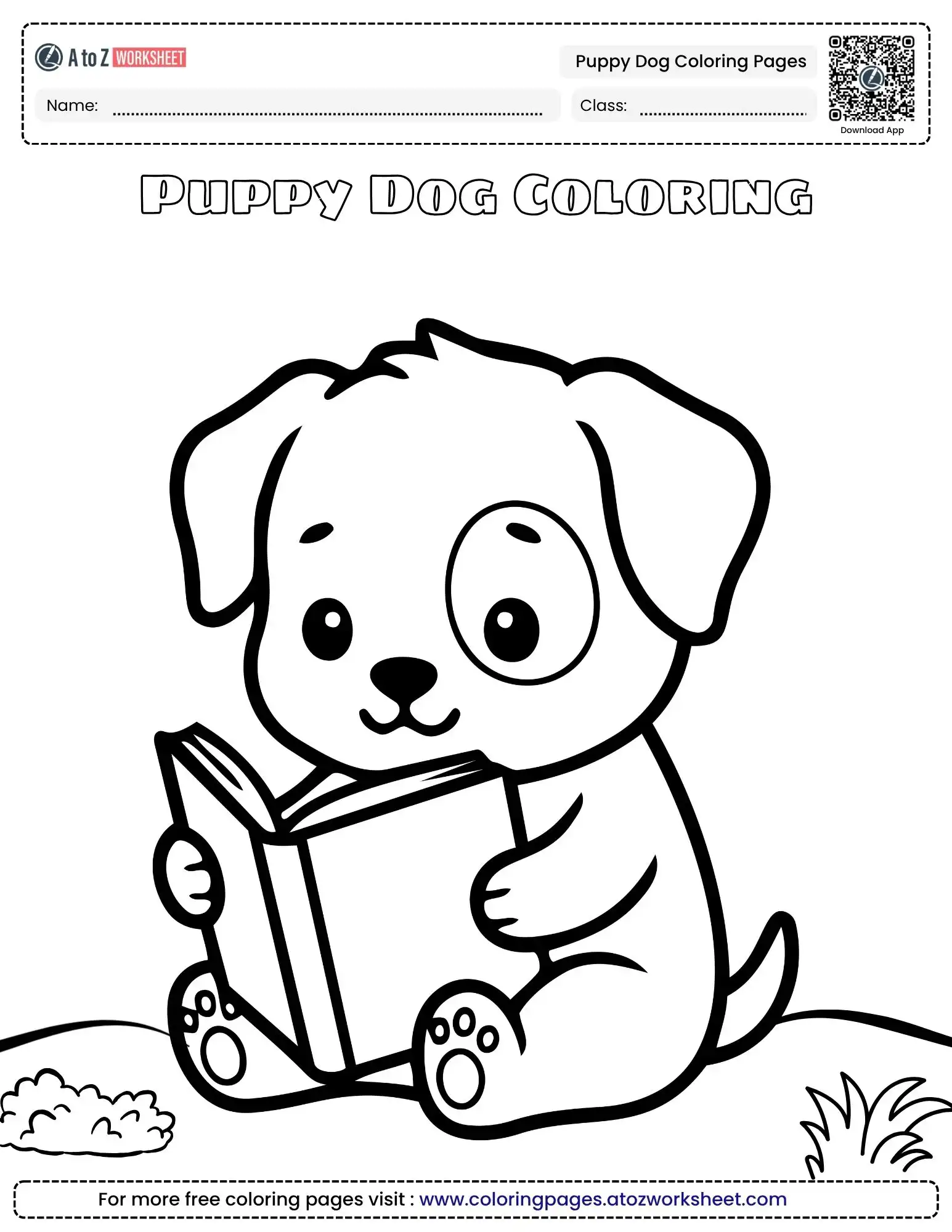 puppy dog coloring pages showing a cute puppy with an eye patch sitting and reading a book.