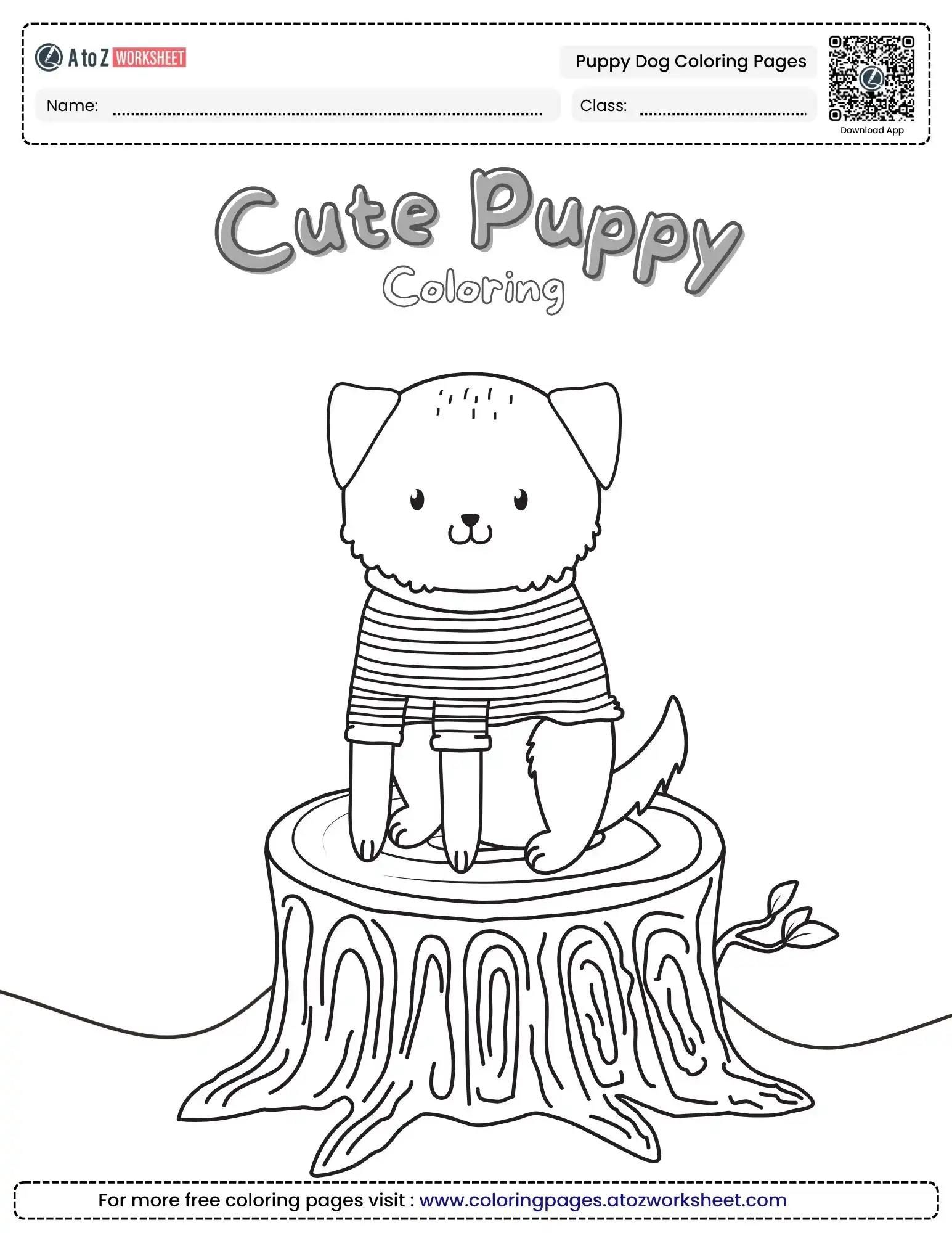 puppy dog coloring pages featuring a cute dog in a striped sweater sitting on a large tree stump.