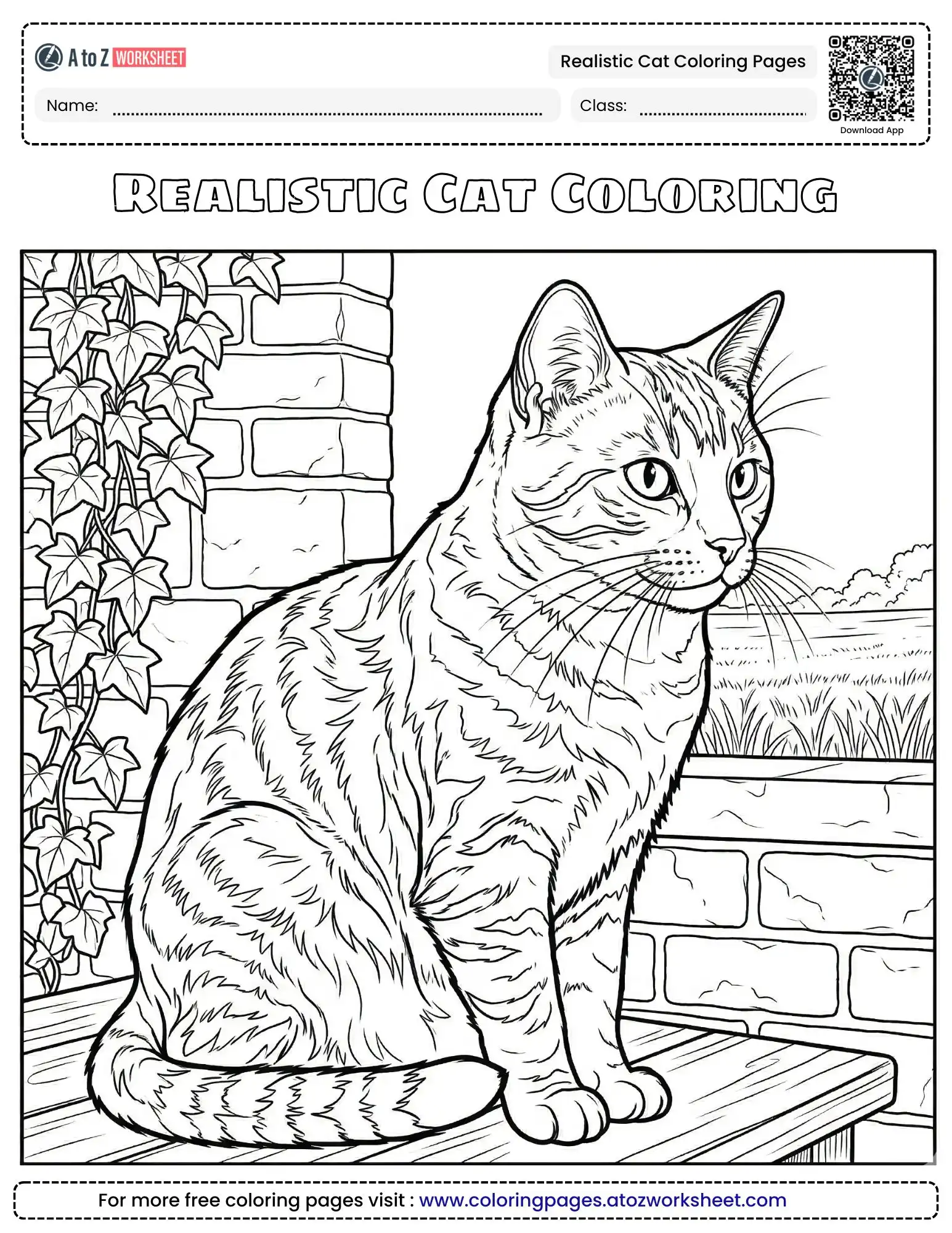realistic cat coloring pages featuring a detailed tabby sitting by a brick wall with ivy.