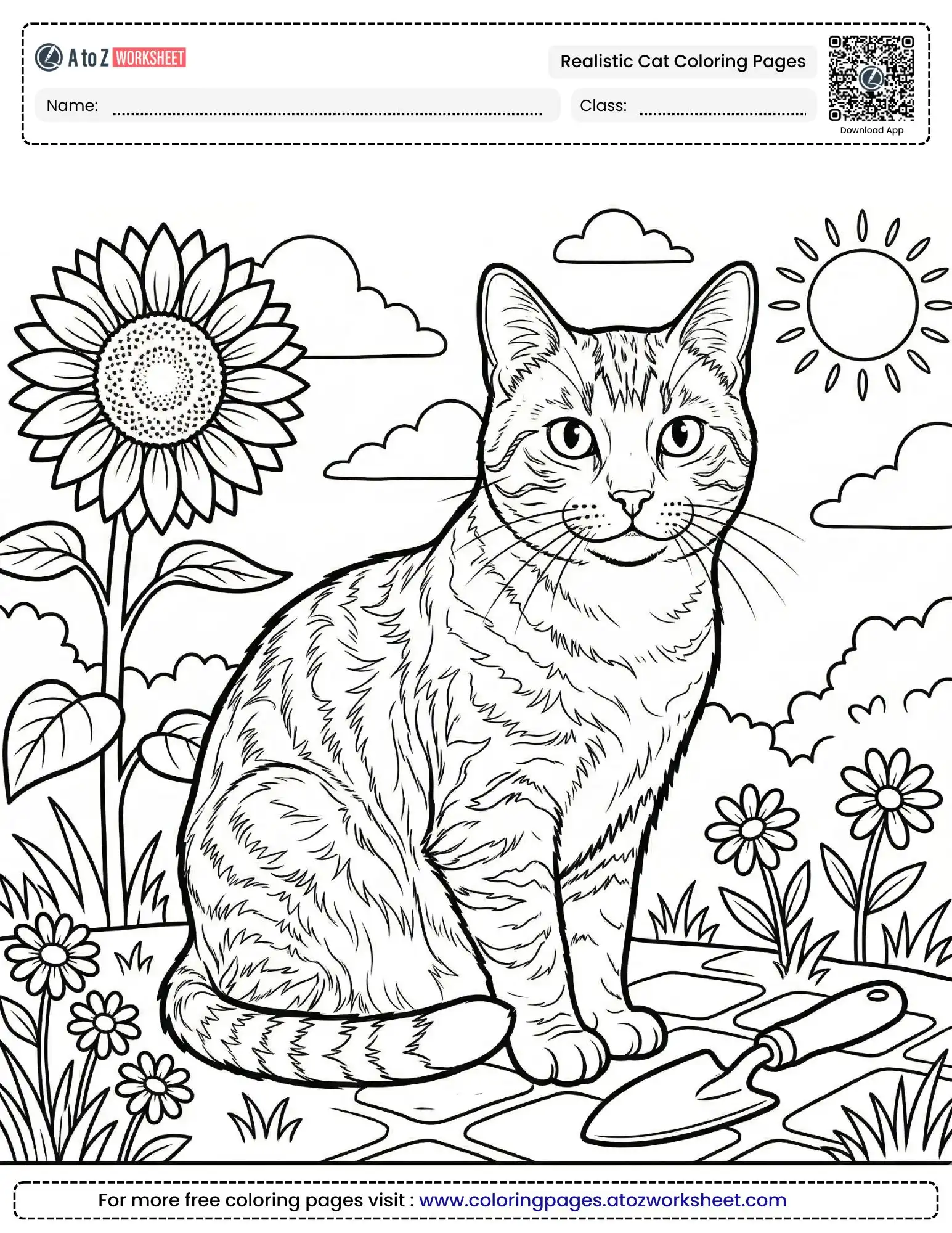 realistic cat coloring pages featuring a cat in a garden with a sunflower and trowel.