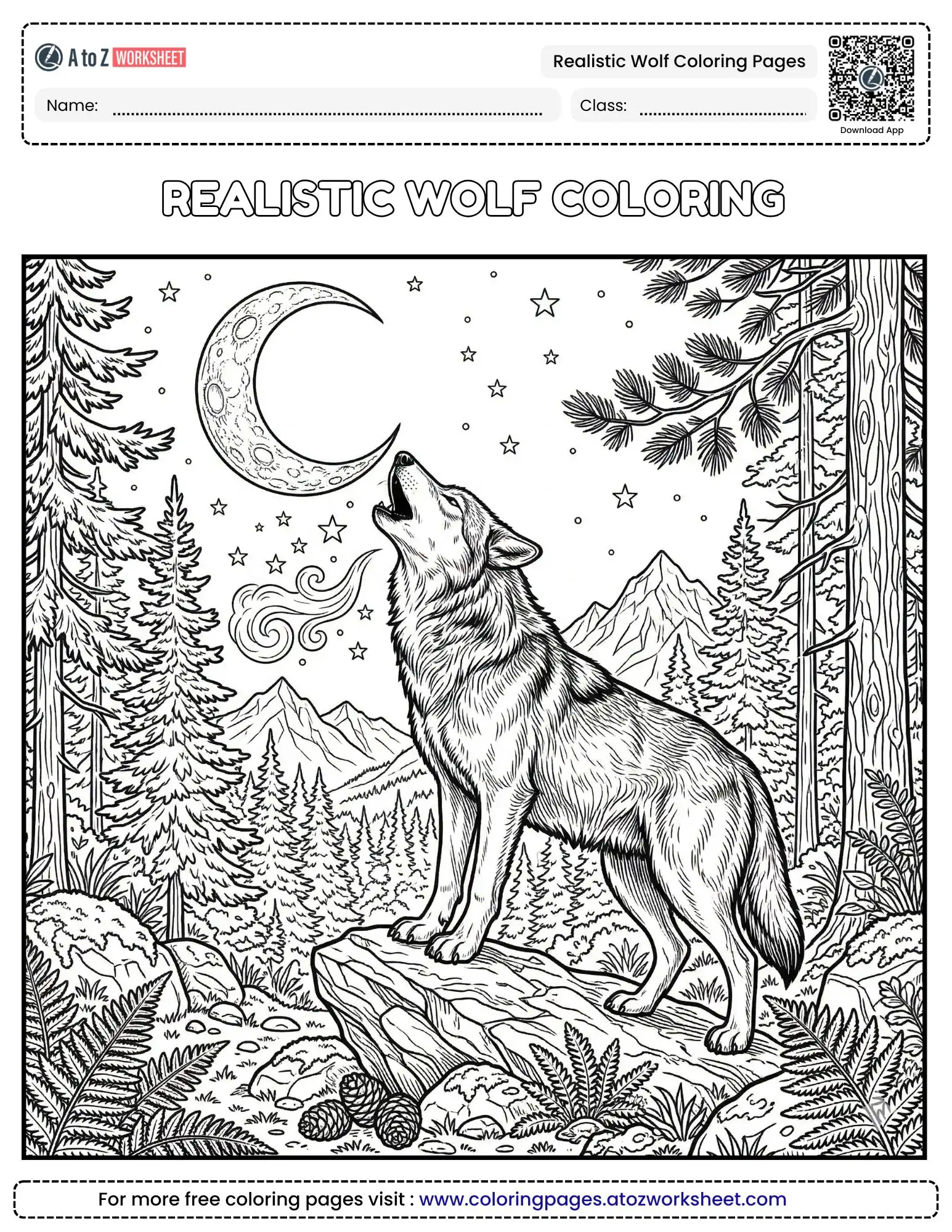 Realistic Wolf Coloring Pages for Creative Classroom Activities & Home Study 1 realistic wolf coloring pages showing a howling animal under a crescent moon
