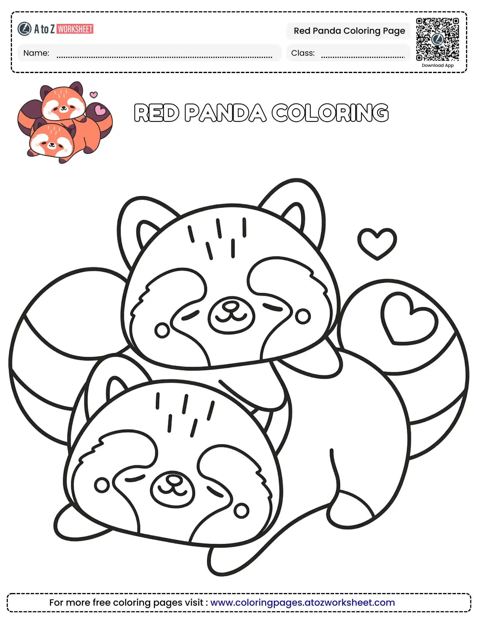 red panda coloring page of two cute pandas cuddling with hearts