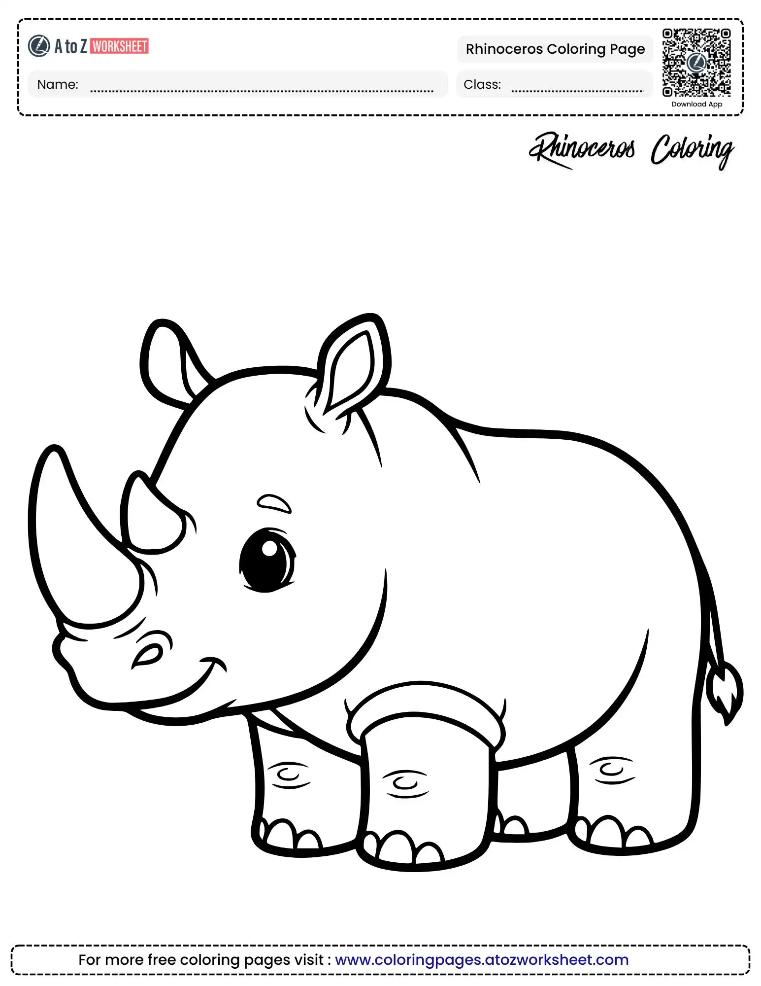 rhinoceros coloring page showing a cute baby cartoon rhino