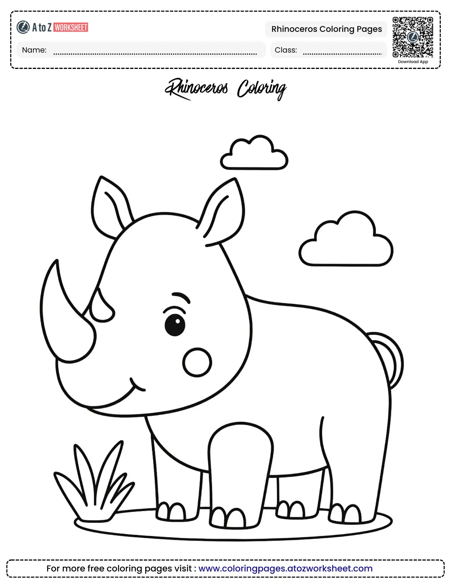 rhinoceros coloring pages showing a cute rhino under clouds