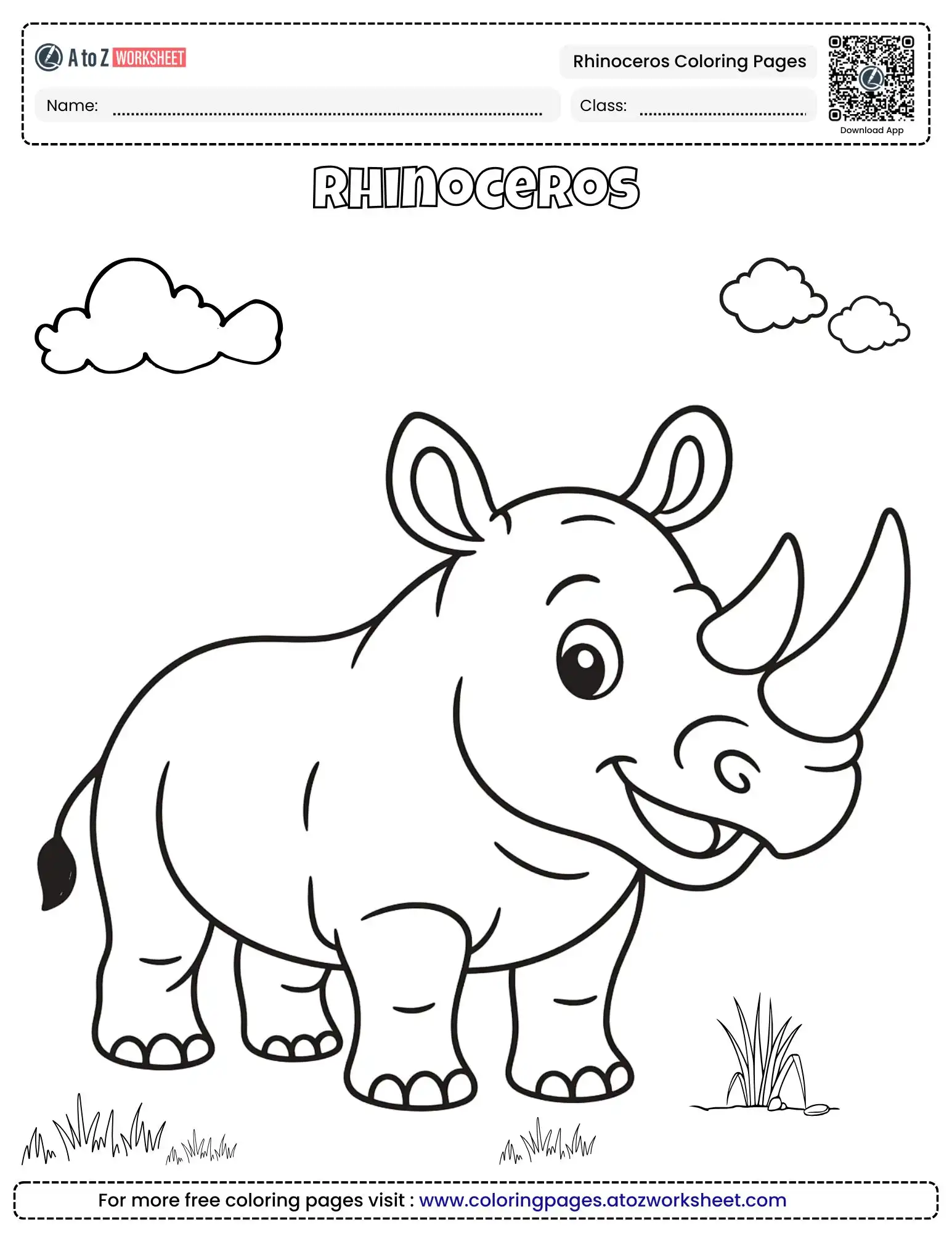 rhinoceros coloring pages with two horns and clouds