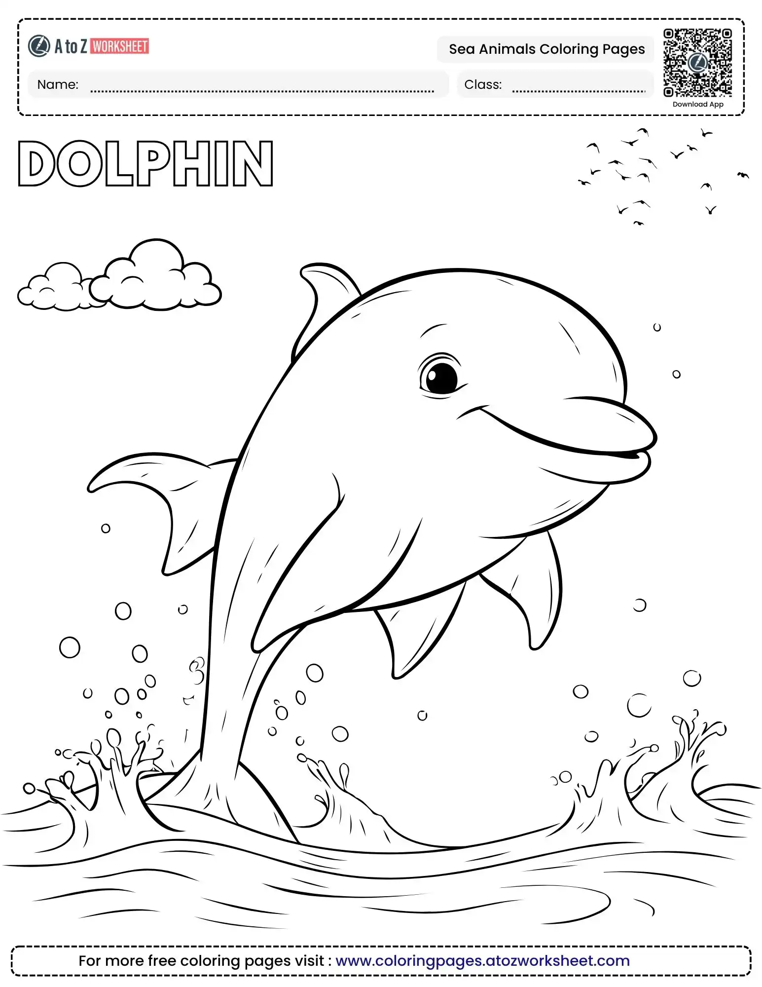 sea animals coloring pages featuring a happy dolphin jumping out of the ocean