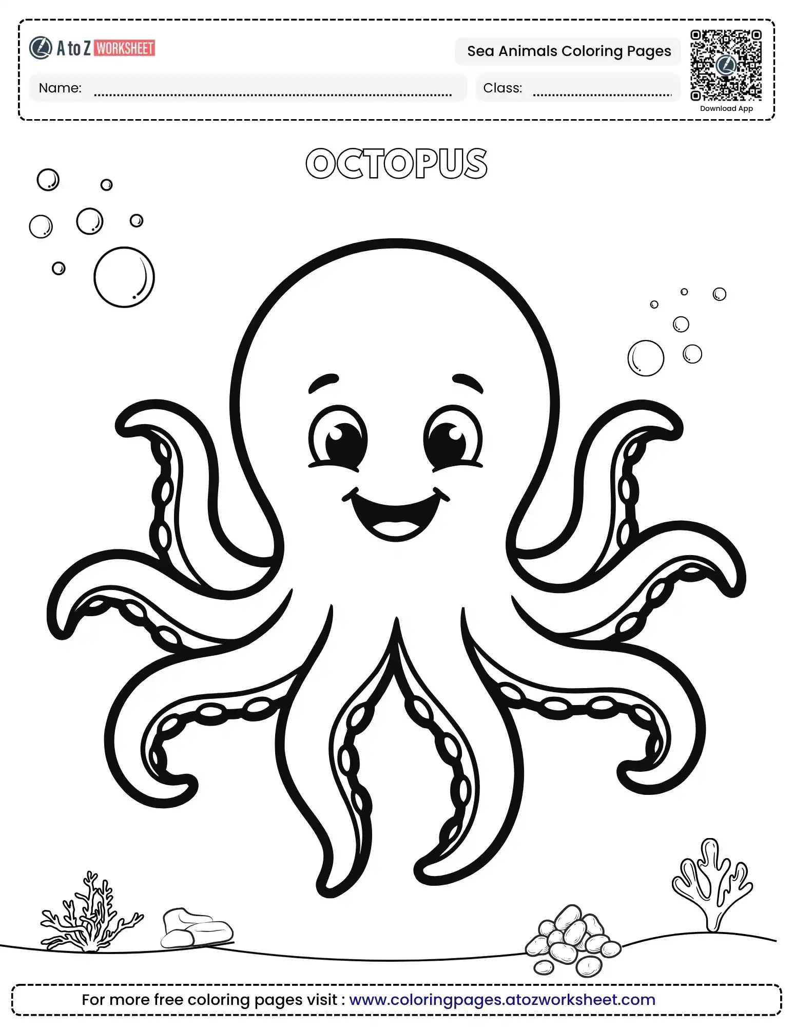sea animals coloring pages showing a smiling octopus with bubbles
