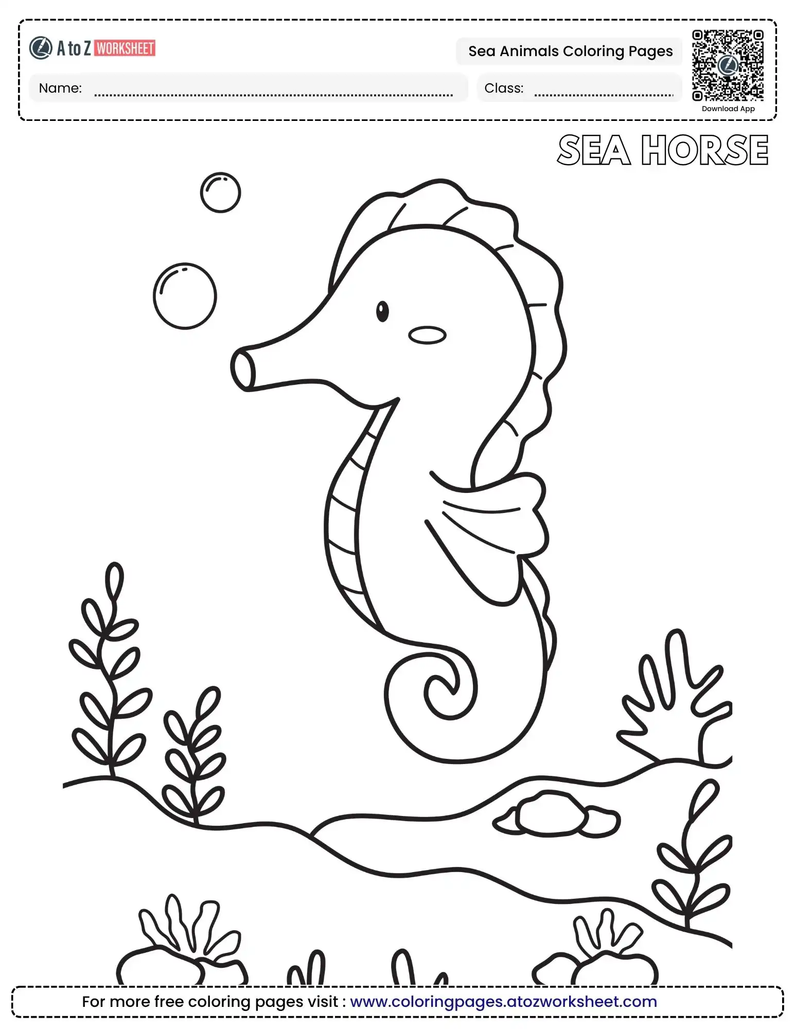 sea animals coloring pages featuring a cute seahorse in the seagrass