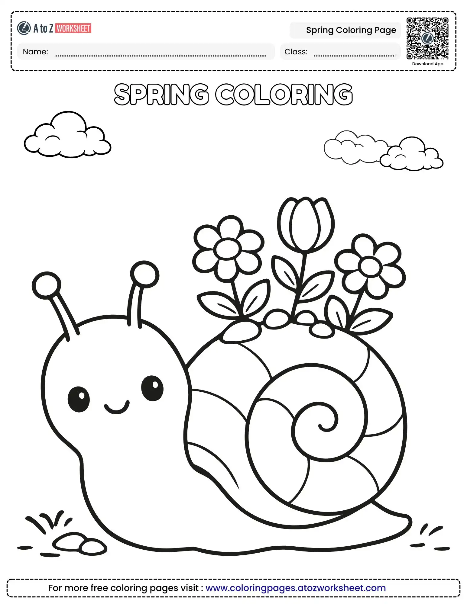 spring coloring page featuring a cute snail with flowers