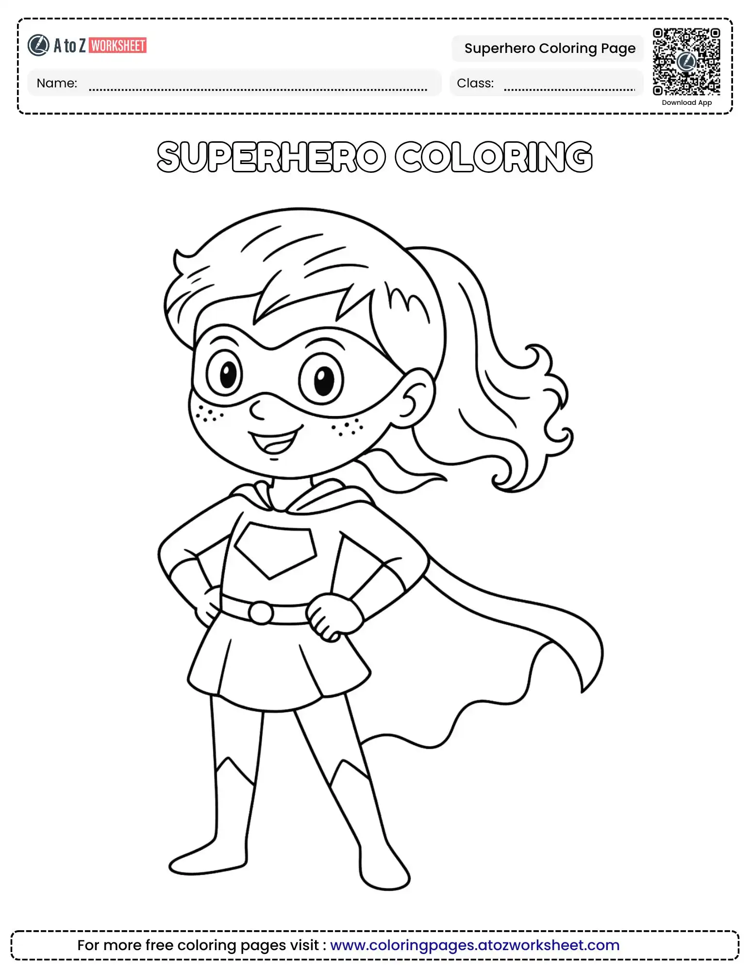 superhero coloring page featuring a young girl in a mask and cape