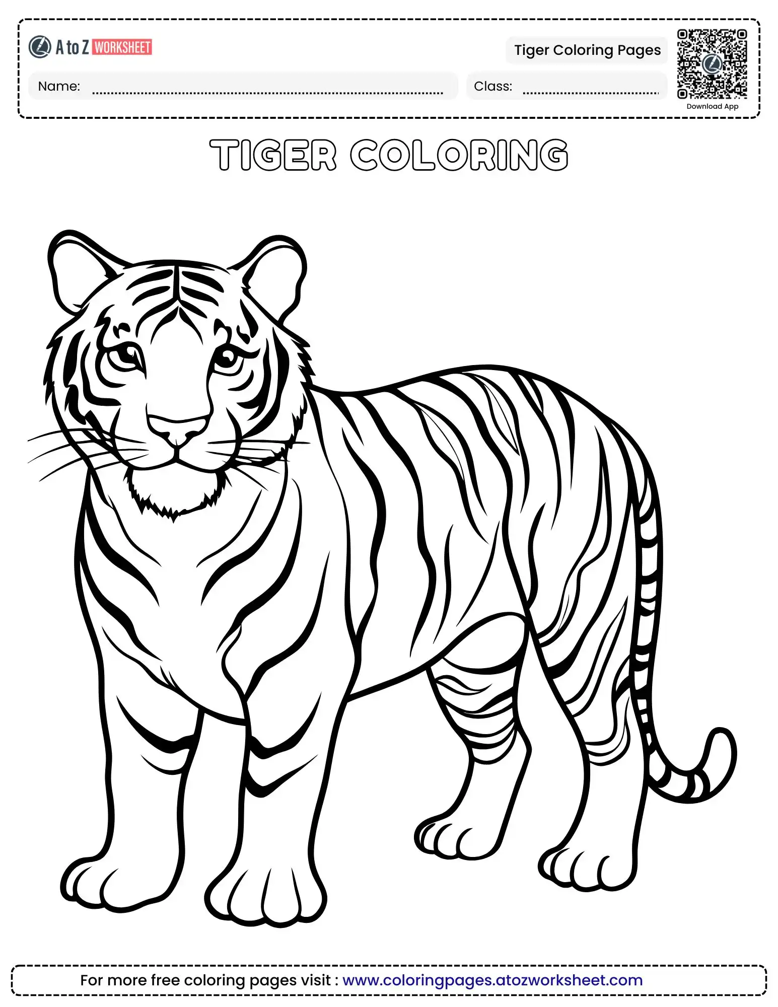 printable tiger coloring pages of a striped animal standing and walking