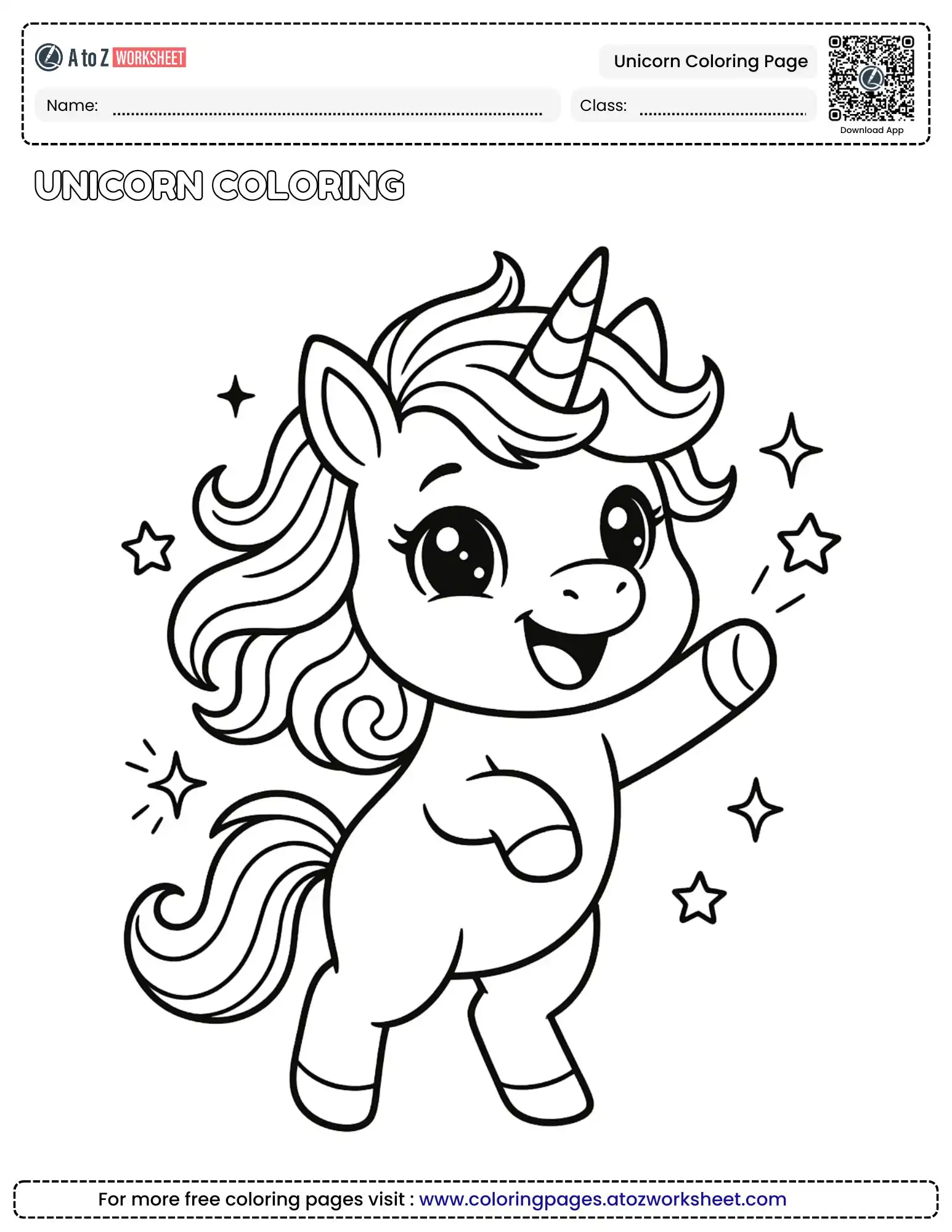 unicorn coloring page featuring a happy character with stars