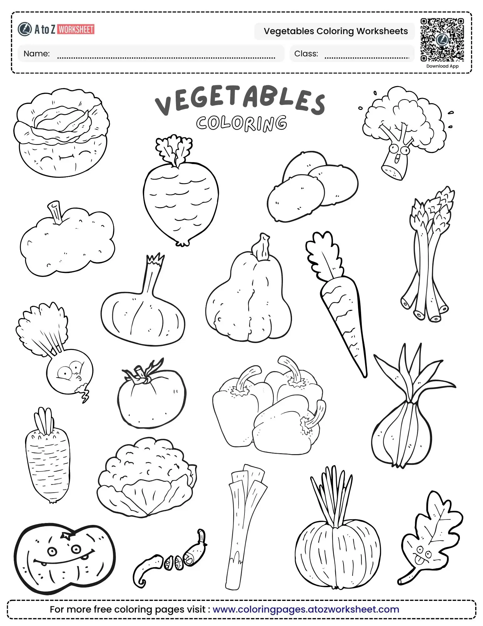vegetables coloring worksheets with cute character faces