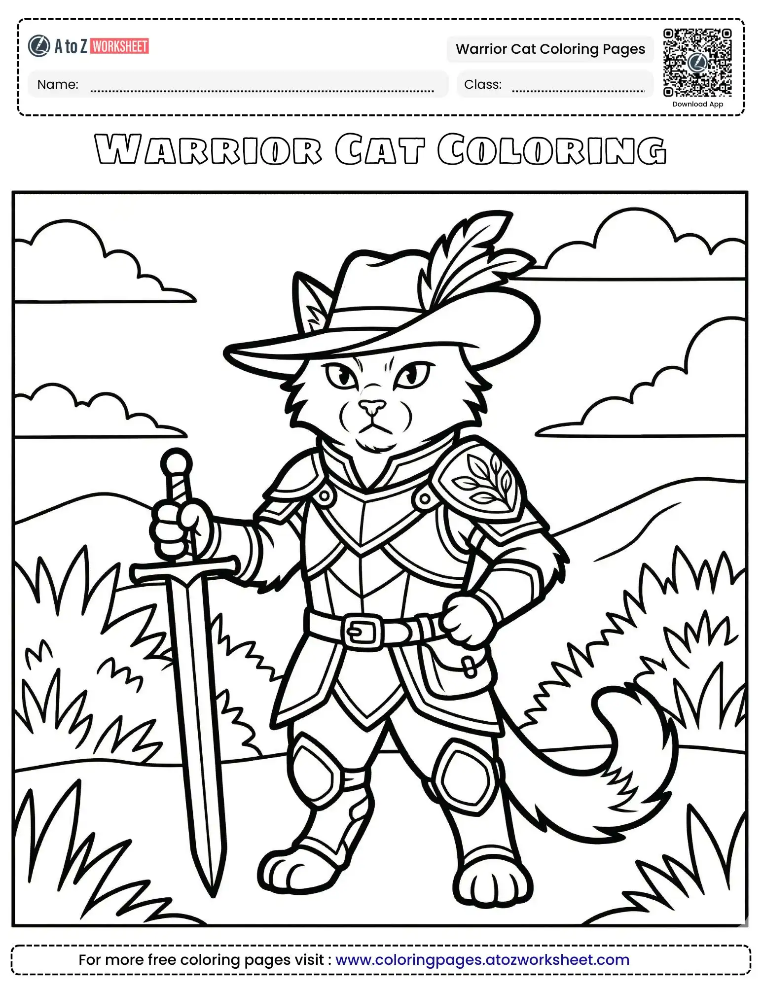 warrior cat coloring pages featuring a cat in full armor holding a sword.