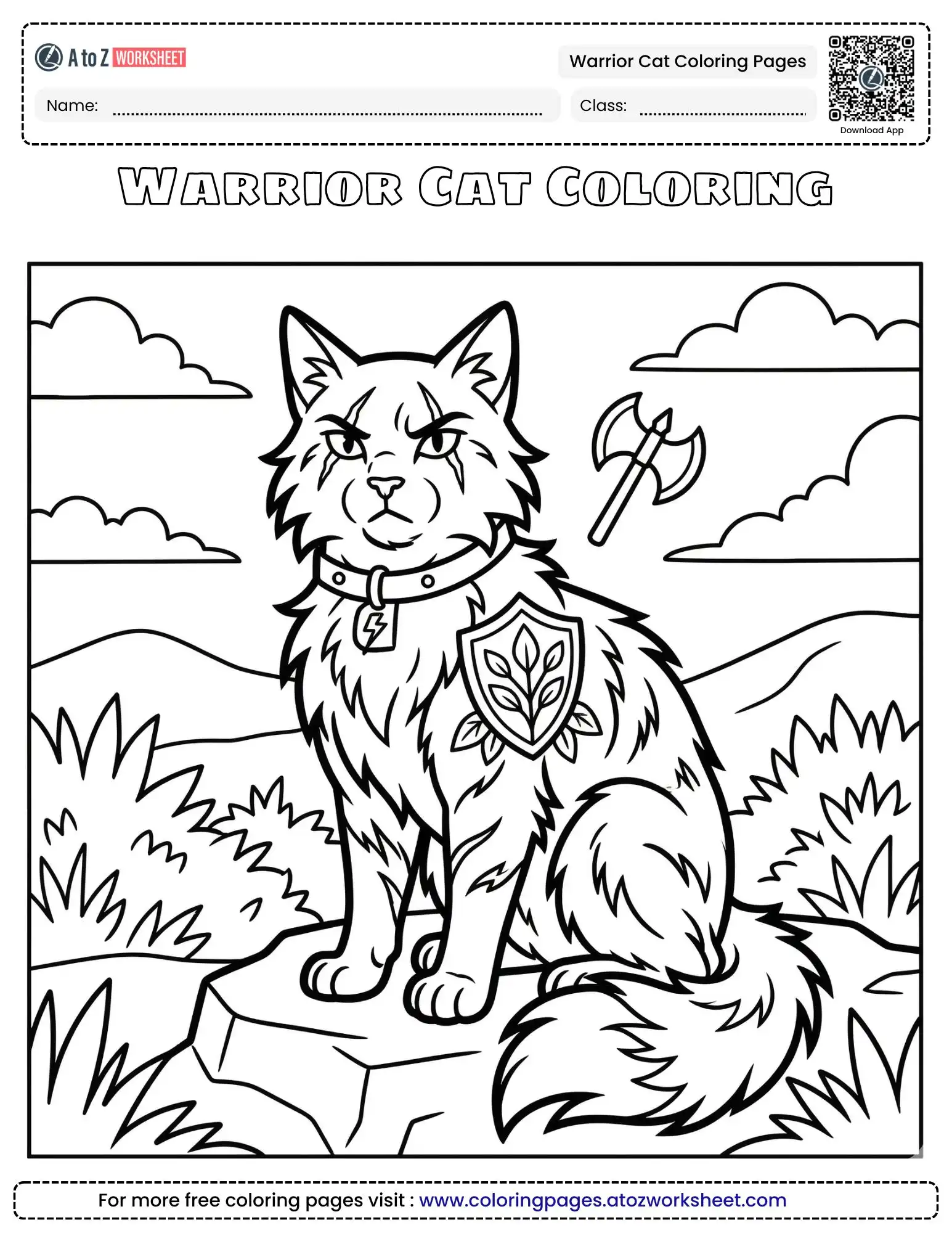warrior cat coloring pages featuring a scarred cat sitting on a rock with a shield.