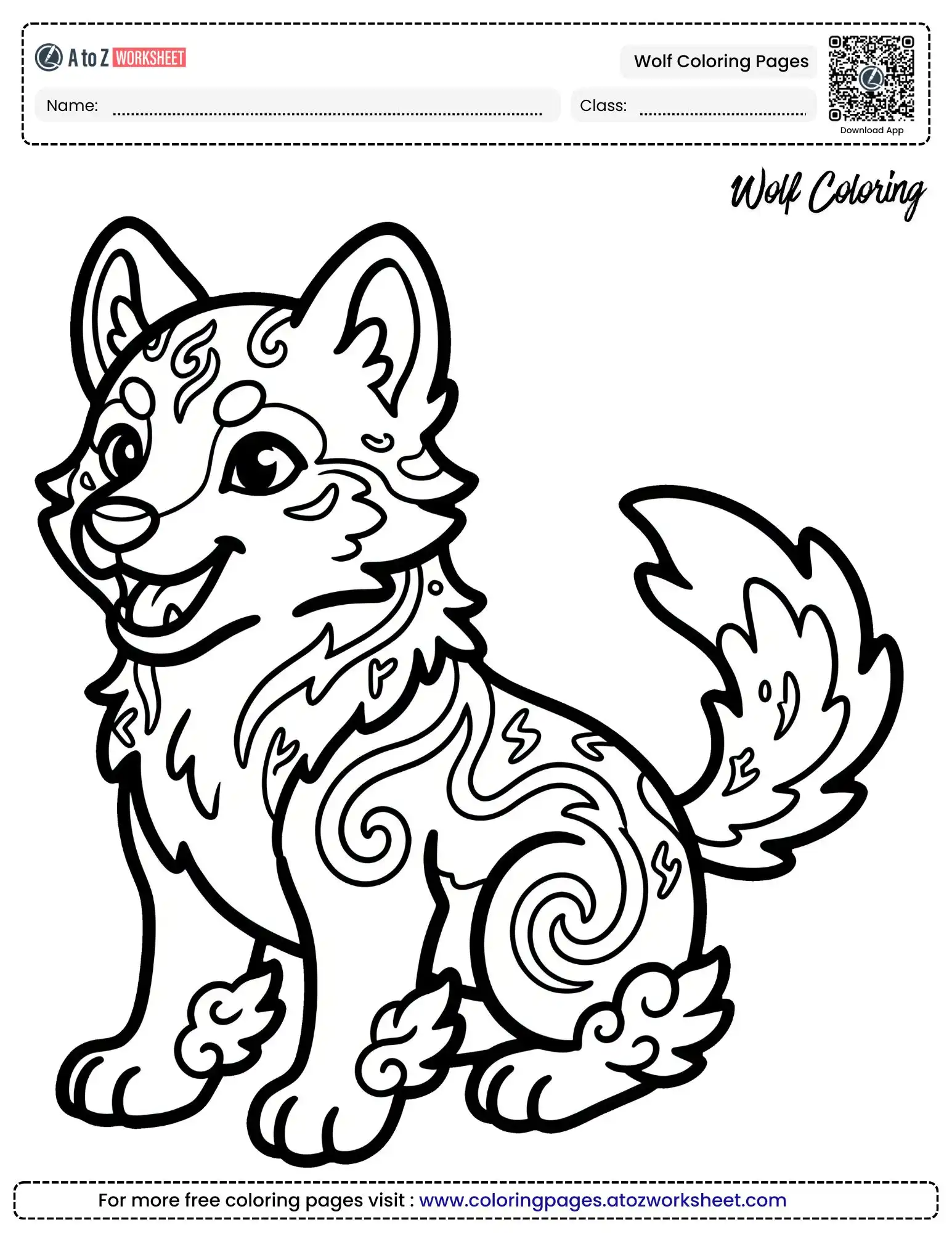 wolf coloring pages featuring a cute pup with swirl patterns for kids