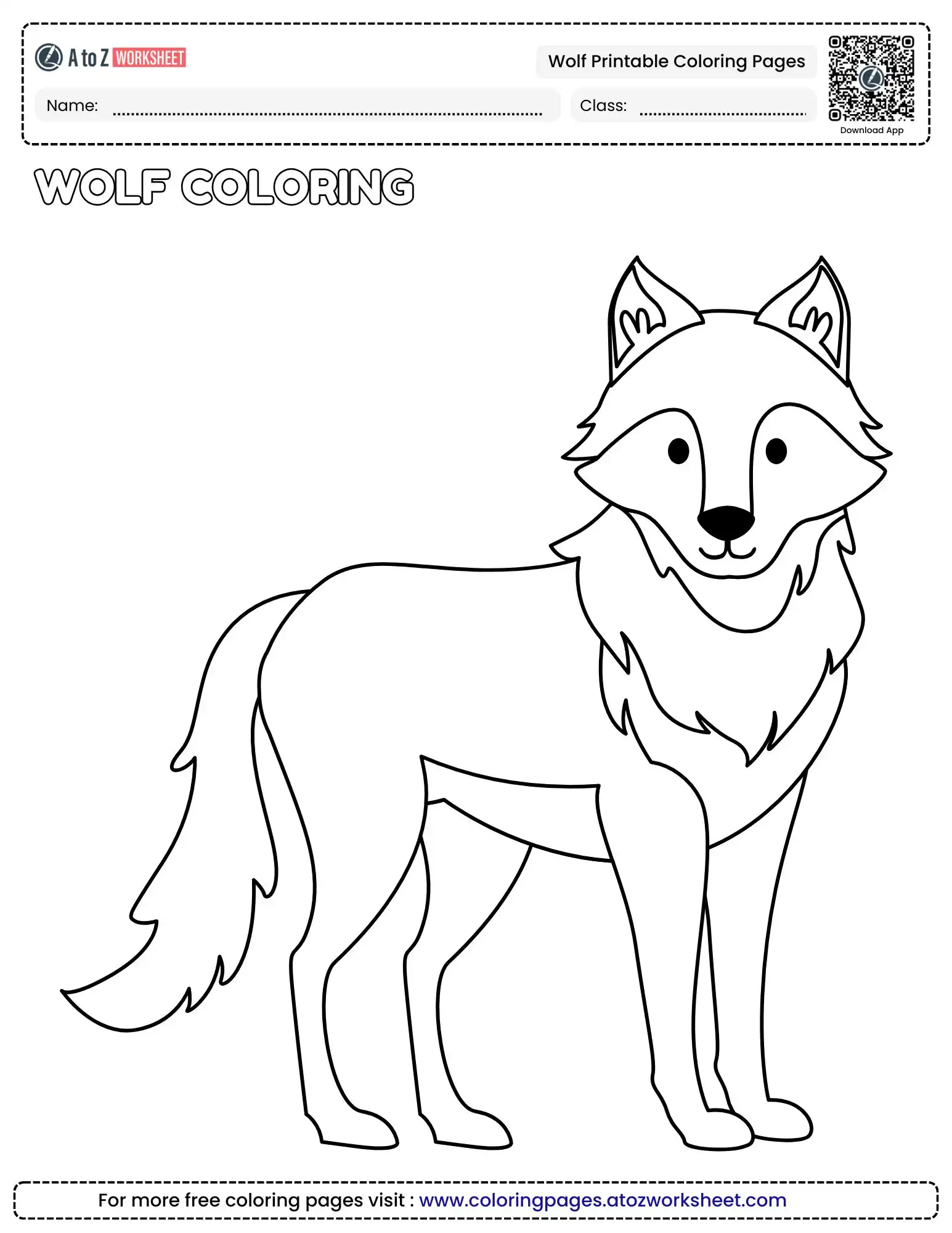wolf printable coloring pages depicting a standing adult wolf in profile