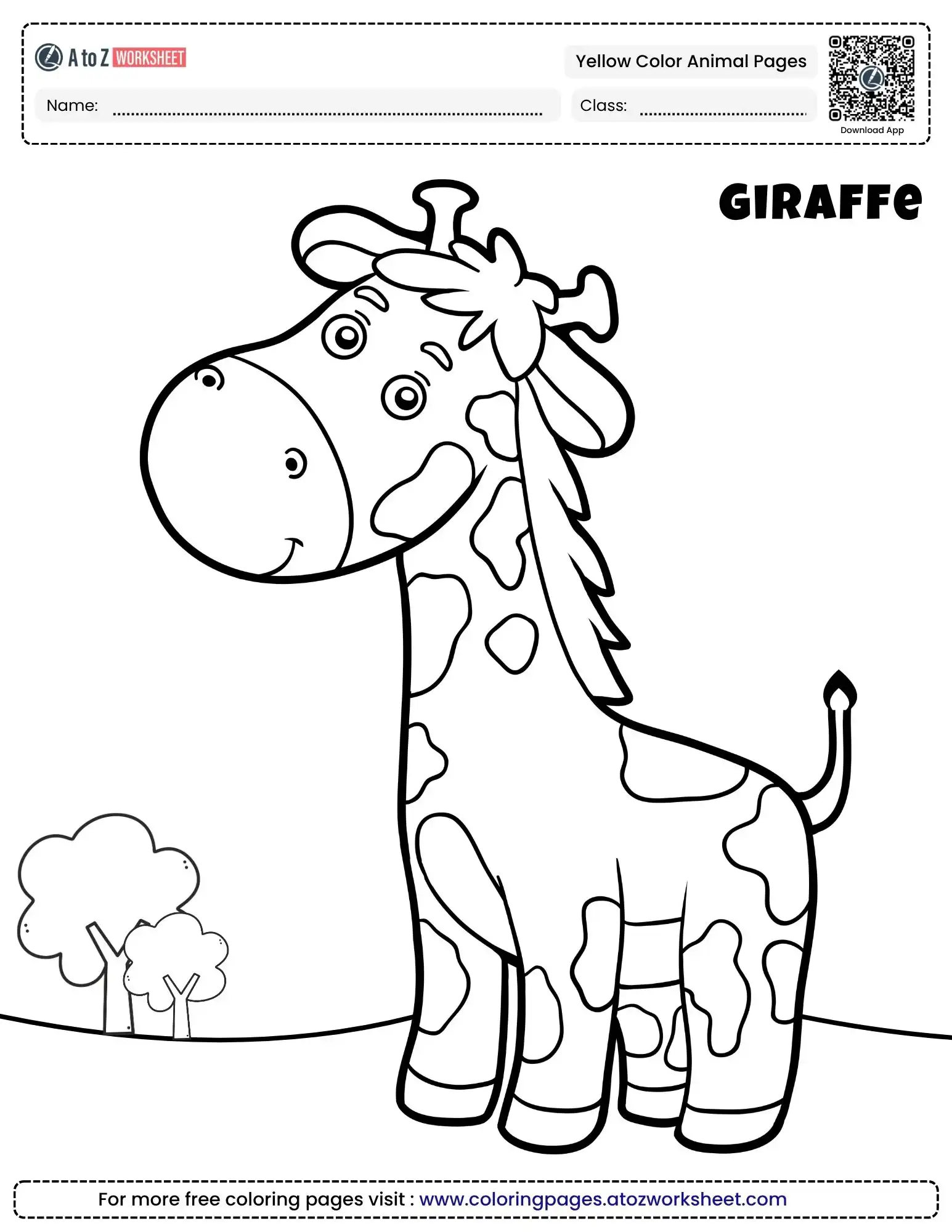 yellow color animal coloring pages featuring a happy baby giraffe with small trees