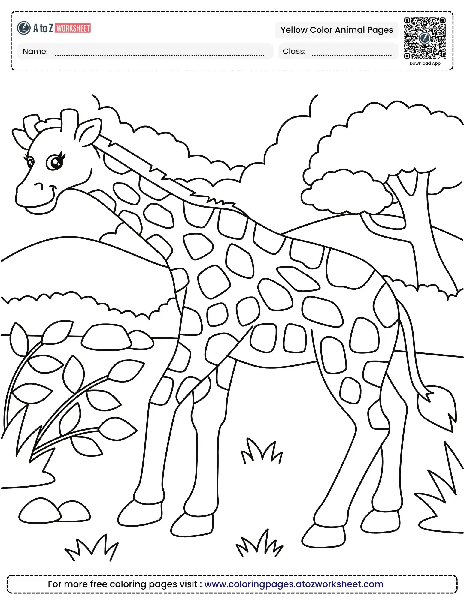 yellow color animal coloring pages showing a tall giraffe in a detailed nature landscape