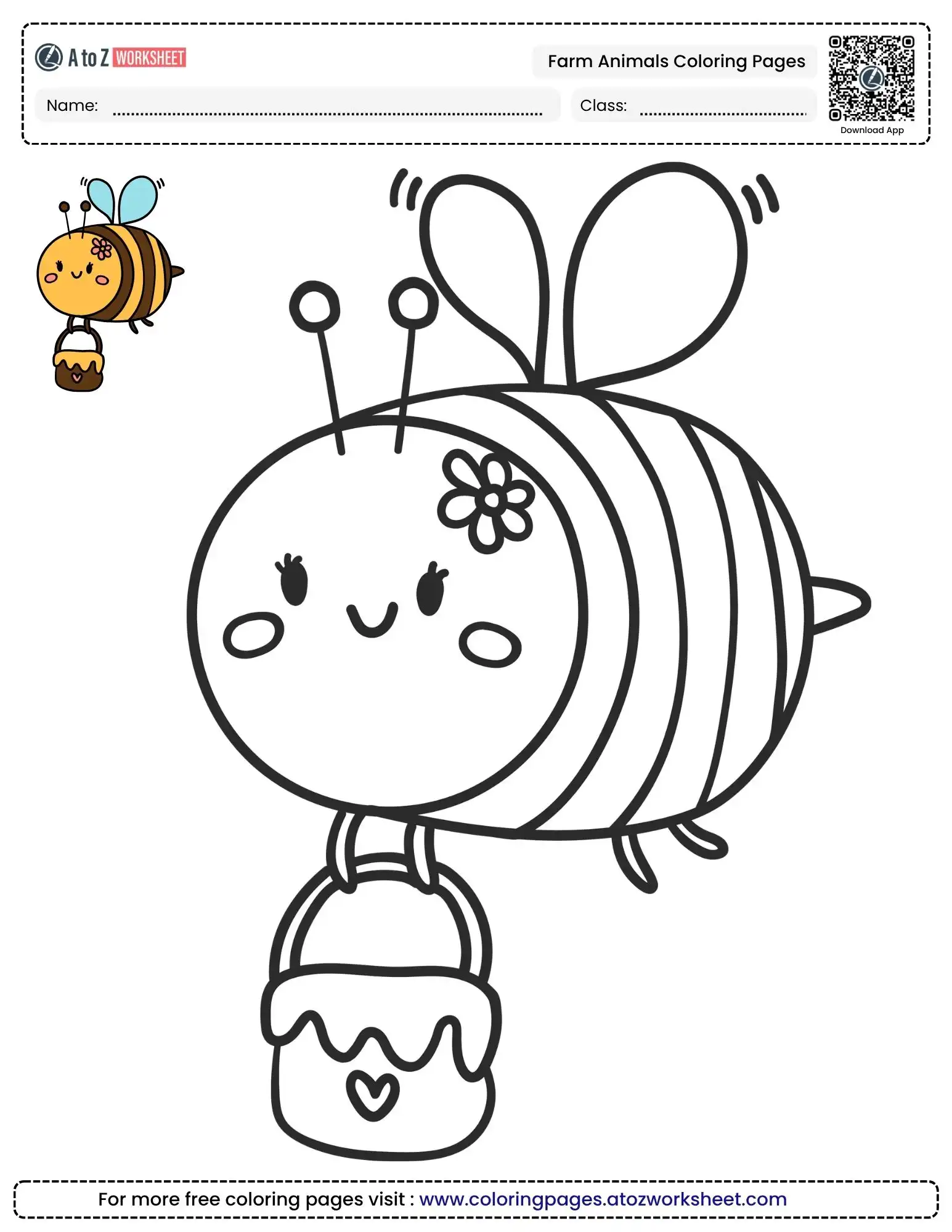 yellow color animal coloring pages showing a happy bee carrying a honey bucket